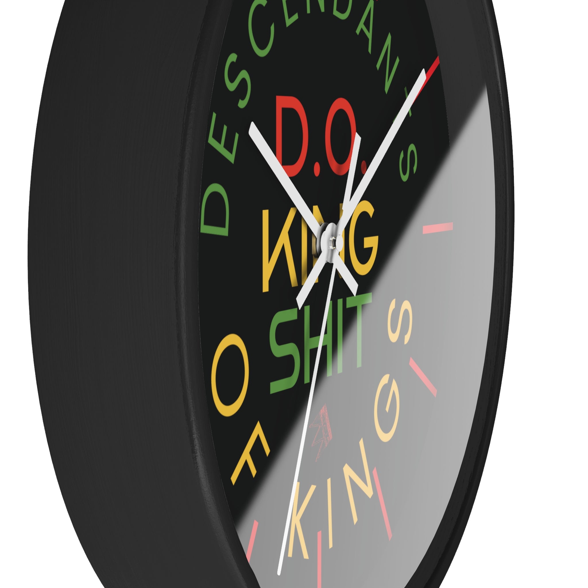 Wall Clock — “Descendants of Kings” Bold Rasta Typography Clock (D.O. King of Shit)