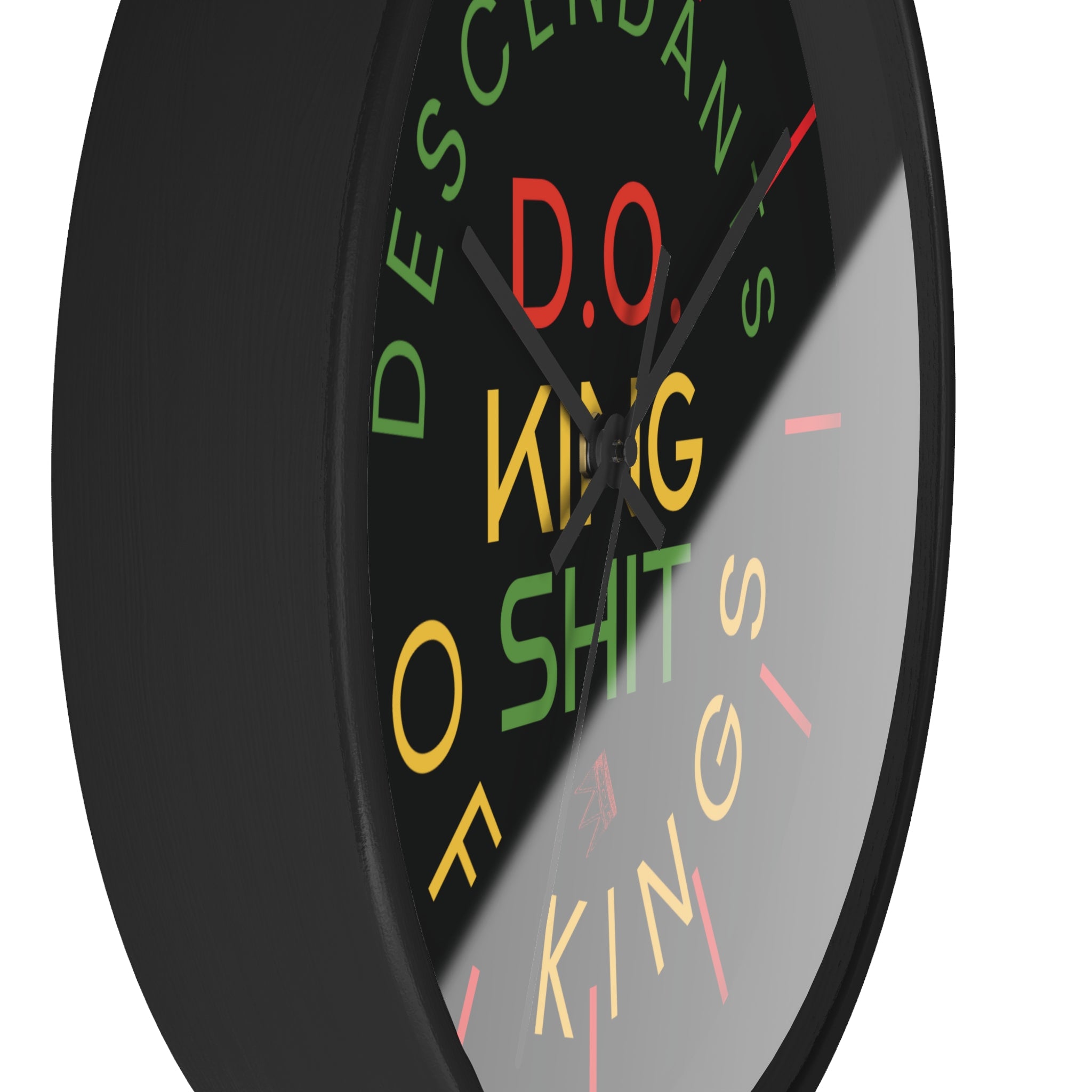 Wall Clock — “Descendants of Kings” Bold Rasta Typography Clock (D.O. King of Shit)